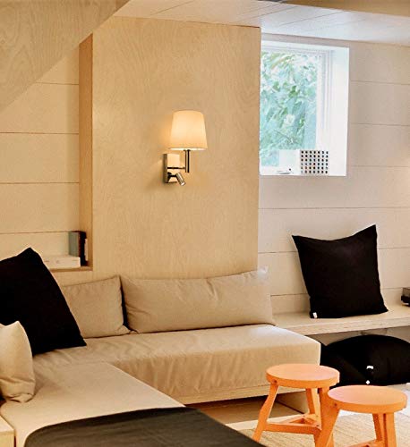 HARPER LIVING 1 luz de lectura LED ajustable de pared hacia abajo, 1 puerto USB y 2 interruptores de encendido/apagado, acabado, tela (pantalla cilíndrica), metal, cromo pulido y blanco