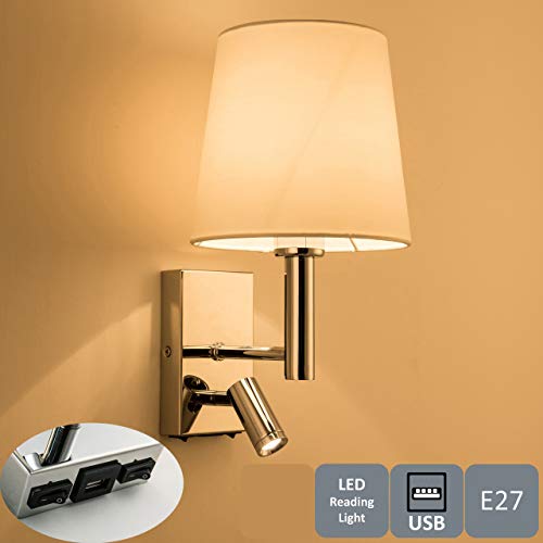 HARPER LIVING 1 luz de lectura LED ajustable de pared hacia abajo, 1 puerto USB y 2 interruptores de encendido/apagado, acabado, tela (pantalla cilíndrica), metal, cromo pulido y blanco