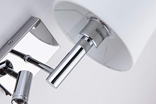 HARPER LIVING 1 luz de lectura LED ajustable de pared hacia abajo, 1 puerto USB y 2 interruptores de encendido/apagado, acabado, tela (pantalla cilíndrica), metal, cromo pulido y blanco