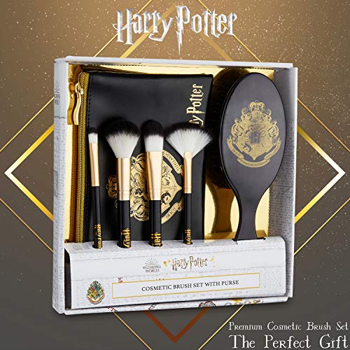 Harry Potter Set Brochas de Maquillaje y Cepillo Pelo, Set con Pinceles Maquillaje Para Mujeres y Chicas, Neceser Para Viajes, Merchandising Oficial Regalos Para Mujer y Adolescente