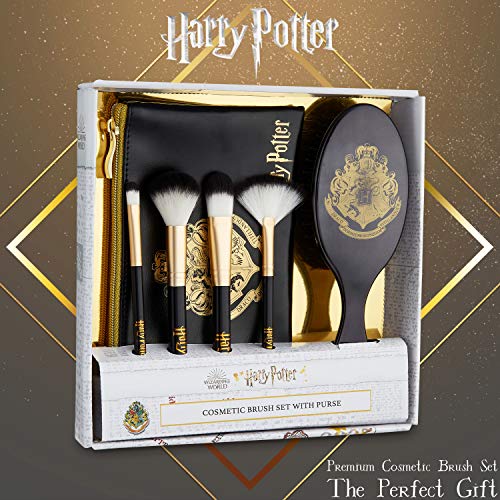 Harry Potter Set Brochas de Maquillaje y Cepillo Pelo, Set con Pinceles Maquillaje Para Mujeres y Chicas, Neceser Para Viajes, Merchandising Oficial Regalos Para Mujer y Adolescente