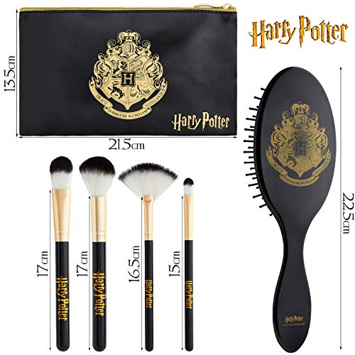 Harry Potter Set Brochas de Maquillaje y Cepillo Pelo, Set con Pinceles Maquillaje Para Mujeres y Chicas, Neceser Para Viajes, Merchandising Oficial Regalos Para Mujer y Adolescente