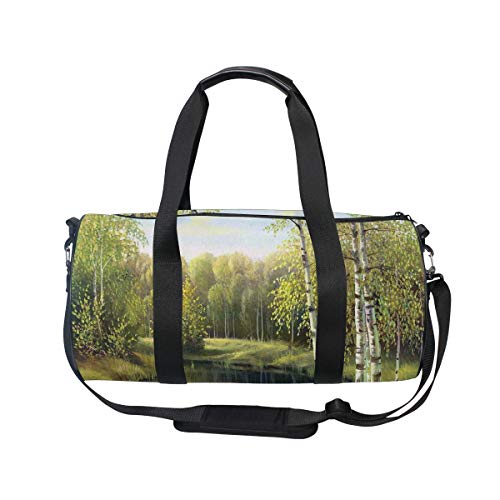 HARXISE Bosque de Abedul en otoño Ramas sin Hojas Efecto de Pintura de Aceite de río Tranquilo，Bolsa de Equipaje de Viaje Deporte Lienzo Ligero Equipaje de Fitness Bolso de Tambor Desmontable