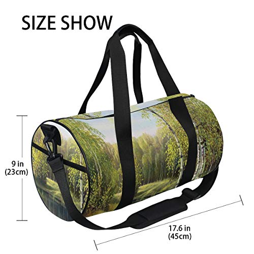 HARXISE Bosque de Abedul en otoño Ramas sin Hojas Efecto de Pintura de Aceite de río Tranquilo，Bolsa de Equipaje de Viaje Deporte Lienzo Ligero Equipaje de Fitness Bolso de Tambor Desmontable