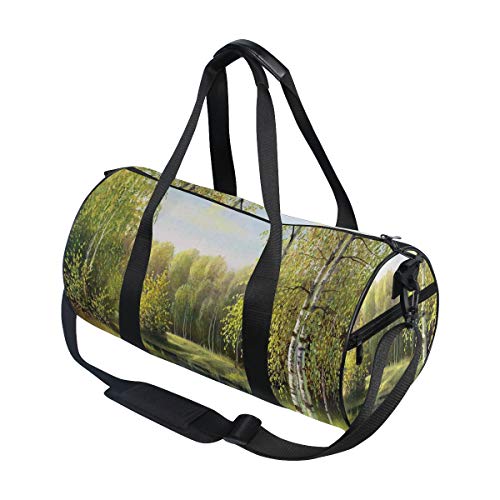 HARXISE Bosque de Abedul en otoño Ramas sin Hojas Efecto de Pintura de Aceite de río Tranquilo，Bolsa de Equipaje de Viaje Deporte Lienzo Ligero Equipaje de Fitness Bolso de Tambor Desmontable