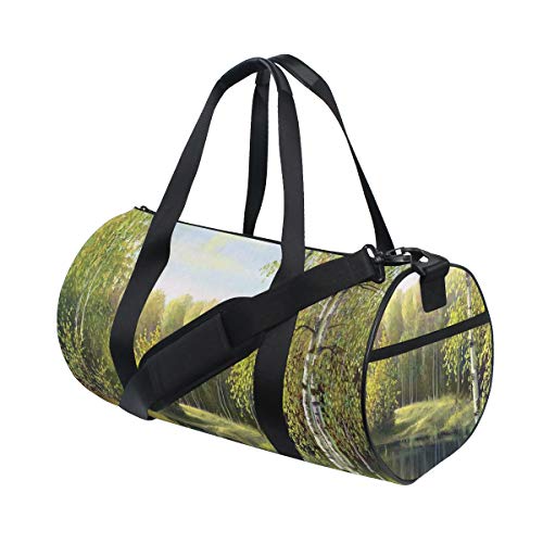 HARXISE Bosque de Abedul en otoño Ramas sin Hojas Efecto de Pintura de Aceite de río Tranquilo，Bolsa de Equipaje de Viaje Deporte Lienzo Ligero Equipaje de Fitness Bolso de Tambor Desmontable