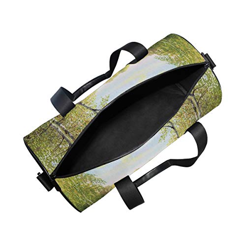HARXISE Bosque de Abedul en otoño Ramas sin Hojas Efecto de Pintura de Aceite de río Tranquilo，Bolsa de Equipaje de Viaje Deporte Lienzo Ligero Equipaje de Fitness Bolso de Tambor Desmontable