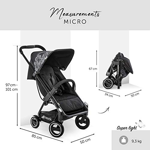 Hauck Micro silla de paseo compacta hasta 18 kg, con respaldo reglable, plegable, ligera, manillar regulable en altura, luces reflectantes, Star Caviar (negro)