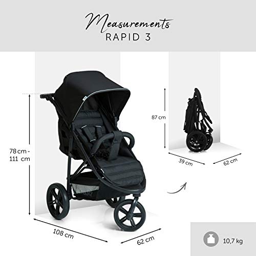 Hauck Rapid 3 - silla de paseo de 3 ruedas con posiciones en respaldo, plegado compacto, plegando con solo una mano, manillar regulable, desde nacimiento hasta 25kg, caviar black (negro)