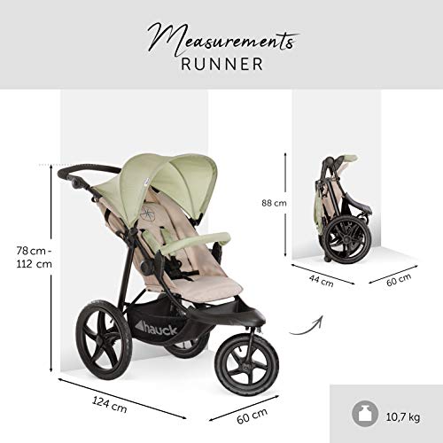 Hauck Runner - silla de paseo, silla running con 3 ruedas neumaticas, plegado compacto, ruedas XL con camara de aire, para recien nacidos, apto para niños hasta 25kg, oil (beige)