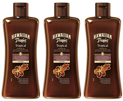 Hawaiian Tropic Tanning Oil SPF 0 - Aceite Bronceador Solar Sin Protección, Acelerador del Bronceado de la Piel, Fragancia Tropical, Pack 3 Unidades x 200 ml