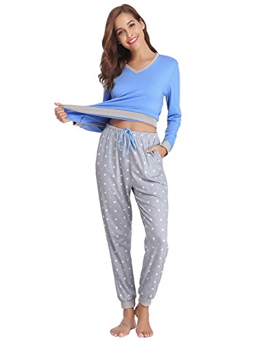 Hawiton Pijama Invierno Mujer Algodon Mangas Larga Pantalon Largo Encaje 2 Piezas Talla Grande