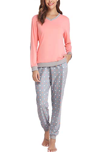 Hawiton Pijama Mujer Invierno Algodon Mangas Largas Pantalones Largo 2 Piezas Talla L
