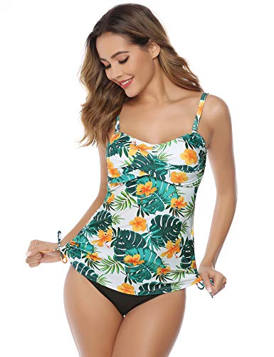 Hawiton Tankini para Mujer Traje de Baño de Dos Piezas Tirantes Ajustables Tops Tankini con Breifs, Diseño de Flores Bañadores para Playa, Piscina, Vacaciones
