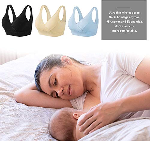 HBselect 3 Piezas Sujetador Embarazo Algodón Sin Aros Sujetador De Lactancia Sujetadores para Premamá para Mejorar Dormir (3 Color Negro Blanco Rosa, L)