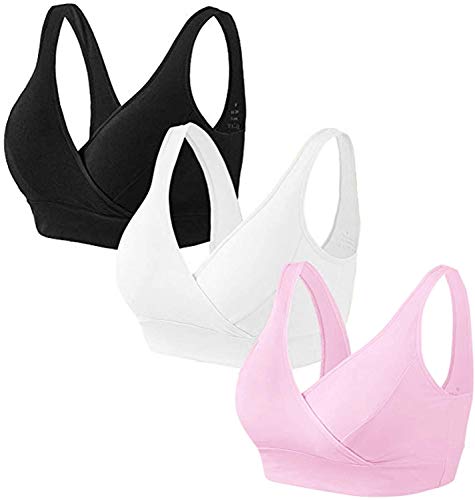 HBselect 3 Piezas Sujetador Embarazo Algodón Sin Aros Sujetador De Lactancia Sujetadores para Premamá para Mejorar Dormir (3 Color Negro Blanco Rosa, L)