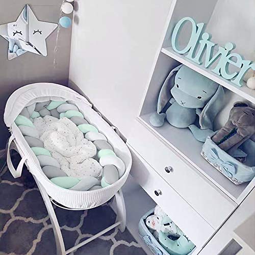 Hbsite Trenza Cuna Bebe Parachoques 118 pulgadas 300cm Protector Cojín Trenzado cuna Parachoques Torre de Protectores Para Cunas para Decoración del Hogar(Verde blanco gris)