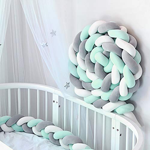Hbsite Trenza Cuna Bebe Parachoques 118 pulgadas 300cm Protector Cojín Trenzado cuna Parachoques Torre de Protectores Para Cunas para Decoración del Hogar(Verde blanco gris)