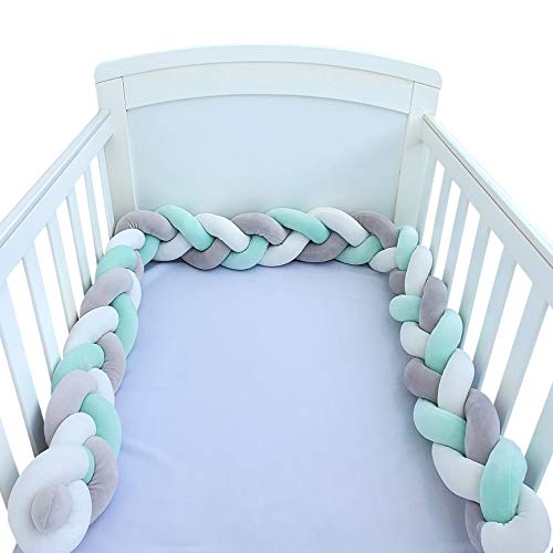 Hbsite Trenza Cuna Bebe Parachoques 118 pulgadas 300cm Protector Cojín Trenzado cuna Parachoques Torre de Protectores Para Cunas para Decoración del Hogar(Verde blanco gris)