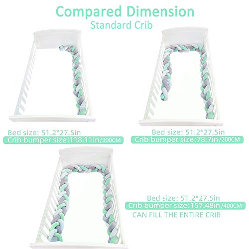 Hbsite Trenza Cuna Bebe Parachoques 118 pulgadas 300cm Protector Cojín Trenzado cuna Parachoques Torre de Protectores Para Cunas para Decoración del Hogar(Verde blanco gris)