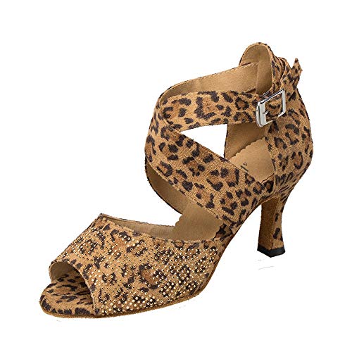 HCCY Zapatos de Baile Latino con Diamantes. Sandalias de Baile de Baile para Mujer Adulta Moderna. Zapatos de Baile de salón de tacón Alto de Leopardo. Primavera y Verano Suaves, 6 cm, 38