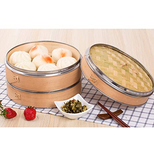 Hcooker 1 Capa Vaporizador de Madera para Cocina con Doble Bandas de Acero Inoxidable para Cocina Asiática Bollos Empanadillas Verduras Pescado Arroz