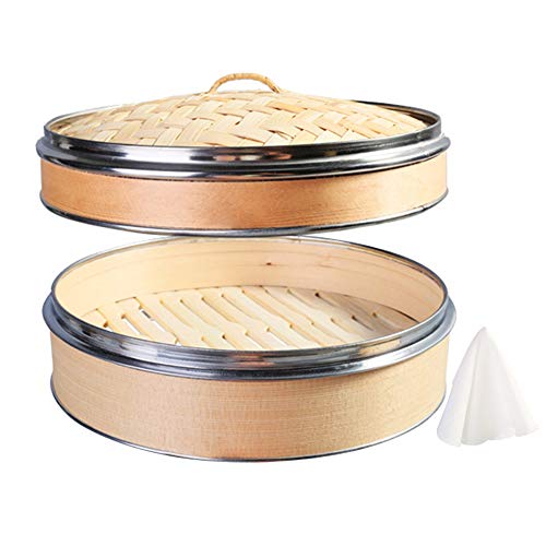Hcooker 1 Capa Vaporizador de Madera para Cocina con Doble Bandas de Acero Inoxidable para Cocina Asiática Bollos Empanadillas Verduras Pescado Arroz