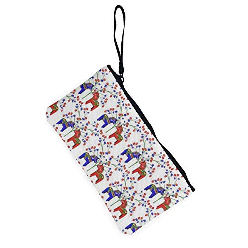 Hdadwy Floral Sueco Dala Horses Hombres y Mujeres Personalidad Moda Monedero de Lona Niño y niña Lindo Monedero Monedero Tarjeta con Cuerda de Mano Cremallera Bolsa de Dinero Pequeña Bolsa de cosmét