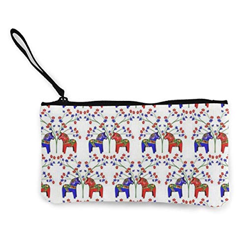 Hdadwy Floral Sueco Dala Horses Hombres y Mujeres Personalidad Moda Monedero de Lona Niño y niña Lindo Monedero Monedero Tarjeta con Cuerda de Mano Cremallera Bolsa de Dinero Pequeña Bolsa de cosmét