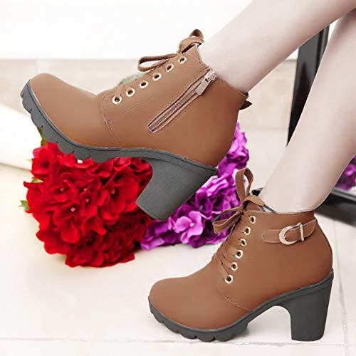 Heaviesk Moda Chica Mujer Tacón Alto con Cordones Cremallera Lateral Hebilla Botines Bombas de Invierno Zapatos de Gamuza Fiesta Femenina Altura Media Pantorrilla