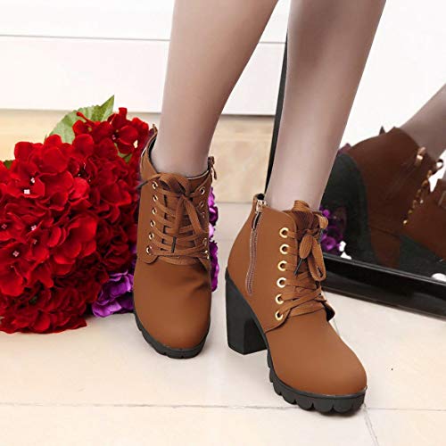 Heaviesk Moda Chica Mujer Tacón Alto con Cordones Cremallera Lateral Hebilla Botines Bombas de Invierno Zapatos de Gamuza Fiesta Femenina Altura Media Pantorrilla