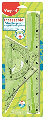 Helit Maped M244304 - Juego de regla, escuadra, cartabón y transportador de ángulos, colores surtidos (azul y verde)