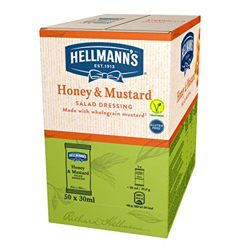 Hellmann's Salsa Miel y Mostaza Monoporciones para ensalada, sin gluten y vegetariana -  50 Sobres 30ml