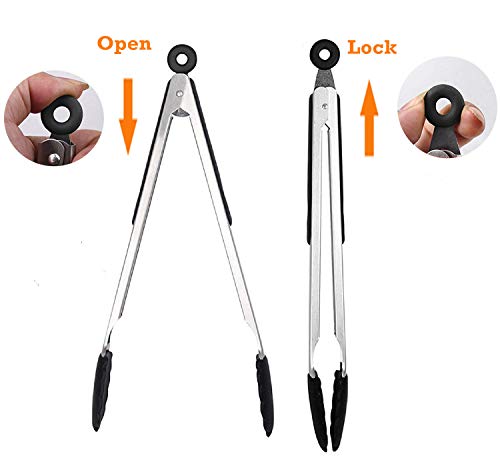 HENSHOW Pinzas de Cocina Juego de 3, 7", 9"y 12" Prima Acero Inoxidable de Pinzas de Cocina de, Mango Antiadherente y Resistente al Calor, Pinzas de Silicona para Barbacoa, Buffet, Ensalada