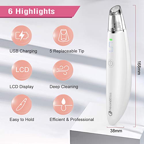 HeomBliss Limpiador de Poros Electrónico Limpiador Puntos Negros, Eliminador de Puntos Negros 5 Cabezales 5 Velocidades, Extractor de Puntos Negros con pantalla LCD