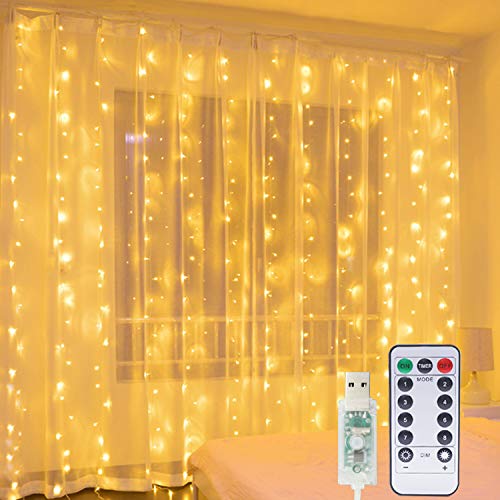 Hepside Luz Cadena Luz de Cortina USB, 3m x 3m 300 LED Cortina de Luces, 8 Modos Luces de Navidad Cortina, Cortina de Luces LED Decoración de Casa, Fiestas, Bodas, Jardin, Arbol de Navidad, etc