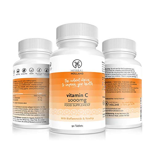 Herbal Holland, vitamina C (1000 mg): suplemento de vitamina C vegana y sin gluten con bioflavonoides y rosa mosqueta mejora el sistema inmunológico, los huesos, la piel y el colágeno (90 comprimidos)
