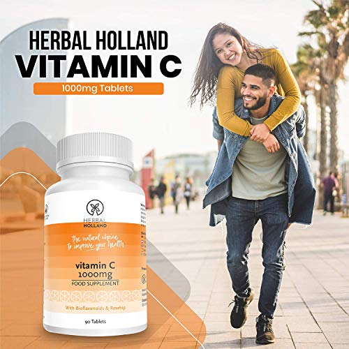 Herbal Holland, vitamina C (1000 mg): suplemento de vitamina C vegana y sin gluten con bioflavonoides y rosa mosqueta mejora el sistema inmunológico, los huesos, la piel y el colágeno (90 comprimidos)