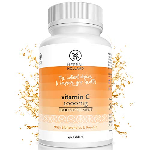 Herbal Holland, vitamina C (1000 mg): suplemento de vitamina C vegana y sin gluten con bioflavonoides y rosa mosqueta mejora el sistema inmunológico, los huesos, la piel y el colágeno (90 comprimidos)