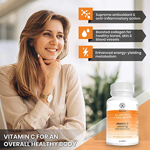 Herbal Holland, vitamina C (1000 mg): suplemento de vitamina C vegana y sin gluten con bioflavonoides y rosa mosqueta mejora el sistema inmunológico, los huesos, la piel y el colágeno (90 comprimidos)