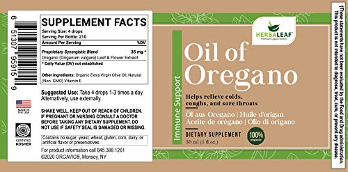 HERBALEAF Aceite de orégano, ayuda a aliviar los resfriados, la tos y el dolor de garganta. 1 oz / 29.53 ml