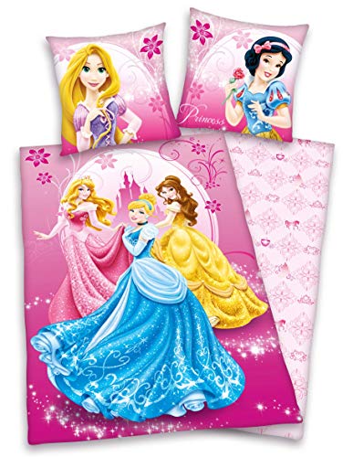 Herding 447905050 Disney's Princess - Juego de Cama Infantil (Funda de Almohada de 80 x 80 cm y Funda de edredón de 135 x 200 cm, 100% algodón y Lino), diseño de Princesas Disney