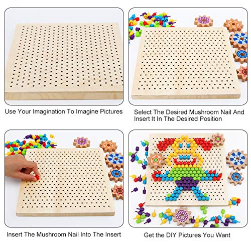 Herefun Tablero de Mosaicos Infantiles, 250 Piezas Mosaicos Botones, Rompecabezas Niños de Uñas Setas, Puzzle Mosaico Juguete Madera Educativo Temprano para Niños y Bebés