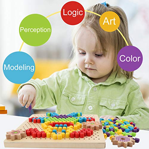Herefun Tablero de Mosaicos Infantiles, 250 Piezas Mosaicos Botones, Rompecabezas Niños de Uñas Setas, Puzzle Mosaico Juguete Madera Educativo Temprano para Niños y Bebés