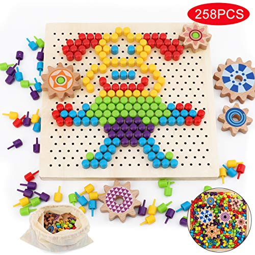 Herefun Tablero de Mosaicos Infantiles, 250 Piezas Mosaicos Botones, Rompecabezas Niños de Uñas Setas, Puzzle Mosaico Juguete Madera Educativo Temprano para Niños y Bebés