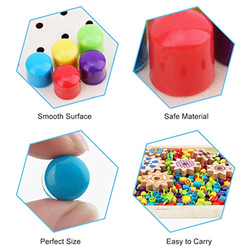 Herefun Tablero de Mosaicos Infantiles, 250 Piezas Mosaicos Botones, Rompecabezas Niños de Uñas Setas, Puzzle Mosaico Juguete Madera Educativo Temprano para Niños y Bebés