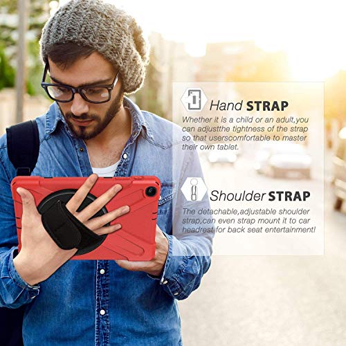 Herize Samsung Galaxy Tab A 10.1 Funda 2019 con Protector de Pantalla Incorporado | Samsung SM-T510/T515 Funda con Soporte | 360 Grados Carcasa con Función de Correa y Protector para Niños | Rojo