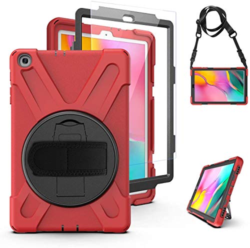 Herize Samsung Galaxy Tab A 10.1 Funda 2019 con Protector de Pantalla Incorporado | Samsung SM-T510/T515 Funda con Soporte | 360 Grados Carcasa con Función de Correa y Protector para Niños | Rojo