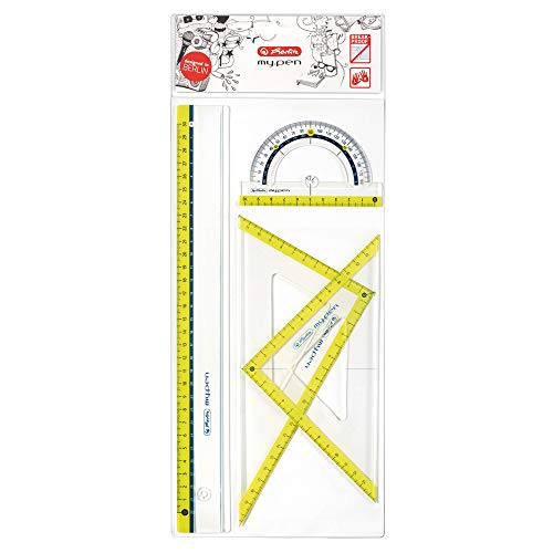 Herlitz Juego de geometría, kit escolar 4 unidades: 2 escuadras, regla, transportador de ángulos, colores surtidos para diestros y zurdos, plástico resistente al impacto - 11368222