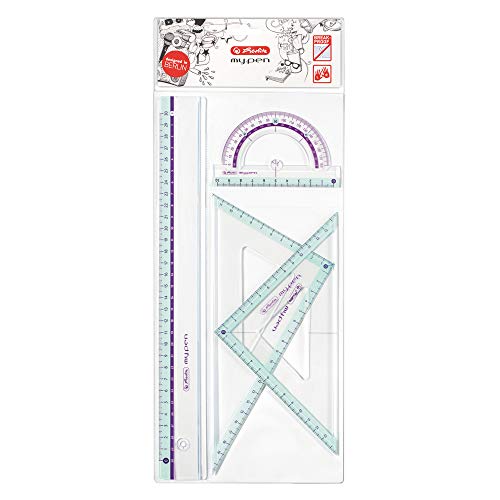 Herlitz Juego de geometría, kit escolar 4 unidades: 2 escuadras, regla, transportador de ángulos, colores surtidos para diestros y zurdos, plástico resistente al impacto - 11368222